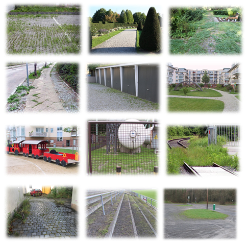 Das Bild zeigt Beispiele für befestigte Flächen und sonstige nicht landwirtschaftlich, forstwirtschaftlich oder gärtnerisch genutzte Flächen