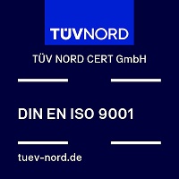 Das Bild zeigt das Prüfzeichen des TÜV Nord für eine nach der DIN EN ISO 9001 zertifizierte Einrichtung.