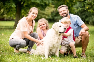 Das Bild zeigt eine Familie mit Hund auf der Wiese. (Quelle: Robert Kneschke - stock.adobe.com)
